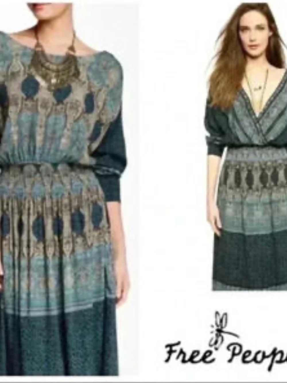 Free People Teal and Cream “ she’s a lady” Reversible Long Sleeve Midi Dress
